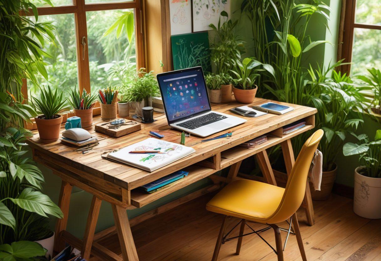 A creative workspace surrounded by lush greenery, with a computer on a wooden desk made from reclaimed wood. Various eco-friendly tools like bamboo notebooks, solar-powered gadgets, and plants adorning the space. Sunlight filtering through the leaves, creating a warm and inviting atmosphere. Illustrate a person brainstorming content ideas with vibrant sketches and recycling symbols around. eco-friendly, vibrant colors, digital illustration.