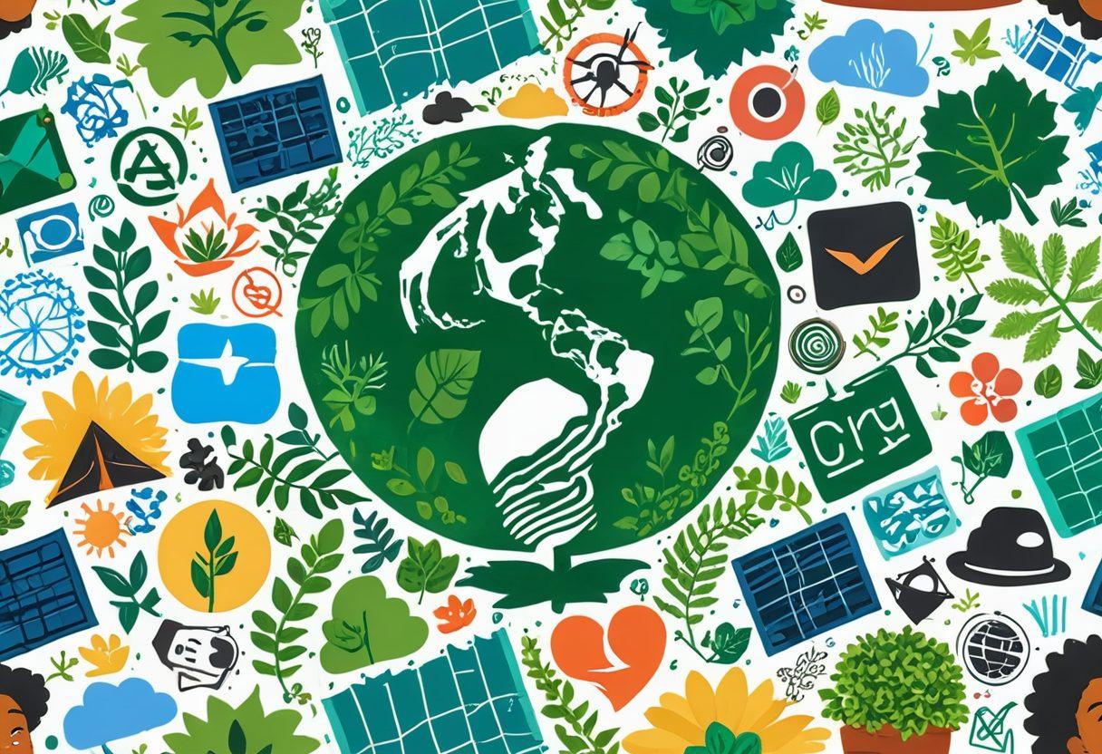 A vibrant and colorful collage depicting diverse digital storytelling mediums such as podcasts, videos, and social media, intertwined with elements representing sustainability like green plants, recycling symbols, and solar panels. Show people of different backgrounds engaging with technology in an outdoor setting, illustrating a connection between nature and digital learning. The overall feel should be optimistic and educational. super-realistic. vibrant colors. white background.