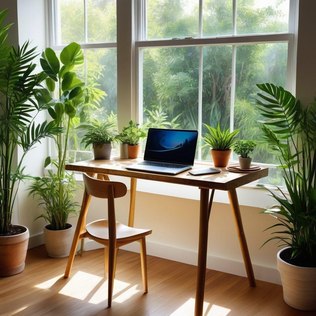 A serene landscape featuring a lush green blog workspace adorned with plants, a laptop on a wooden desk, and eco-friendly materials like recycled paper and bamboo. Sunlight streaming through a window, creating a warm and inviting atmosphere. Elements representing blogging, sustainability, and nature intertwined harmoniously. watercolor art style. vibrant colors. soft focus.